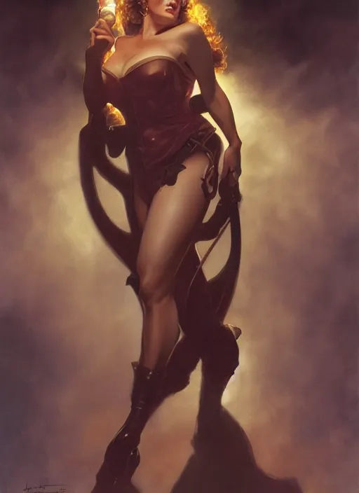 Image similar to Rita Hayworth as a muscled heroine staring into the camera, torch shadows, foggy night, intricate, elegant, highly detailed, Donato Giancola, Joseph Christian Leyendecker, WLOP, Boris Vallejo, Artgerm