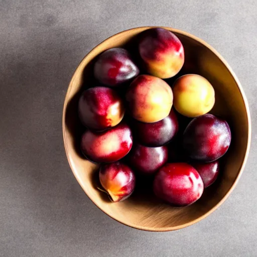 Image similar to photo of a thick porcelain bowl filled with a few moist freshly picked plums on a wooden table. volumetric lighting. 4 k. small scale. realistic. top down.