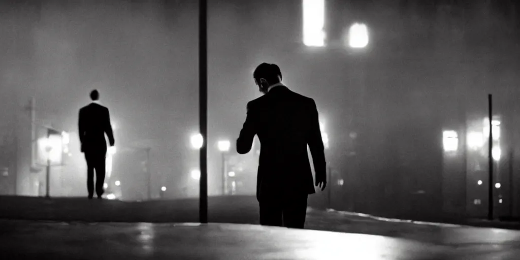 Image similar to man in a suit, over the shoulder shot, cinematic, directed by david fincher, dark, underexposed, atmospheric, ominous