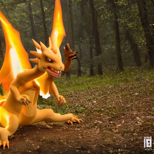 Prompt: realistic national geographic professional photo of charizard in the wild, award winning