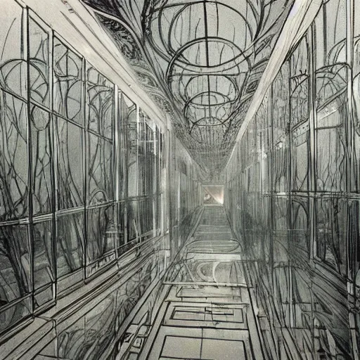 Image similar to a mirror room, full of mirrors, dark, beautiful Concept art in style of Alan Lee