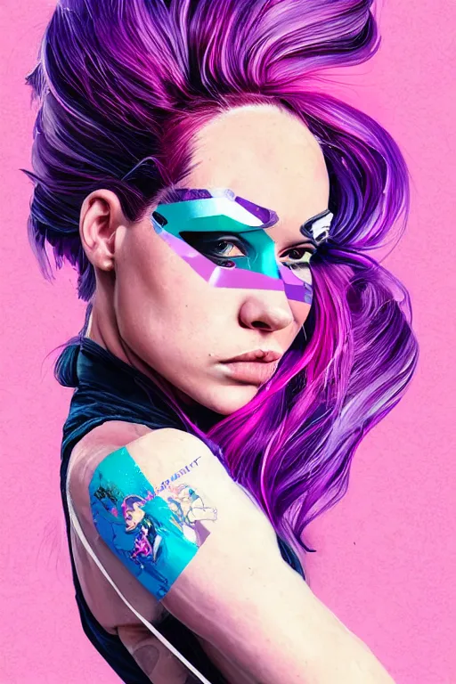 Prompt: a award winning half body porttrait of a beautiful woman in a croptop with ombre purple pink teal hairstyle with head in motion and hair flying by marvel comics and sandra chevrier, outrun, vaporware, illustration, digital art, trending on artstation, highly detailed, fine detail, intricate