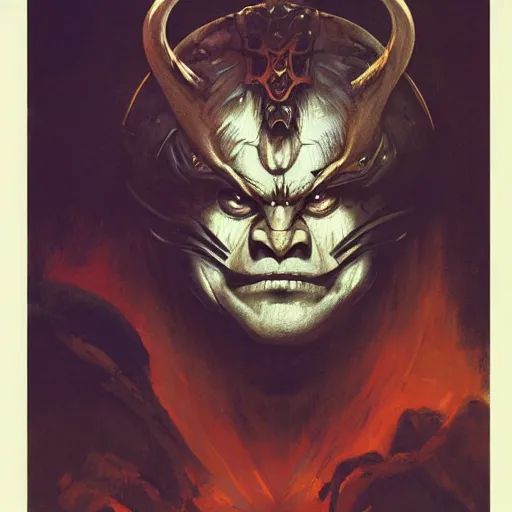 Image similar to head and shoulders portrait of a rakshasa, d & d, fantasy, greg rutkowski, frank frazetta, alexandre chaudret, boris vallejo, michael whelan, miro petrov, hr giger, magali villeneuve, donato giancola