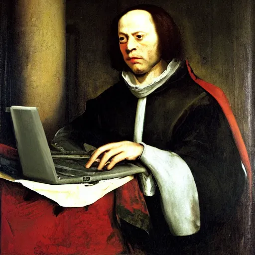 Prompt: Renaissance oil portrait of a man playing warzone on a computer, high-quality realistic oil painting with detailed strokes, robed Renaissance scholar, painting by goya,