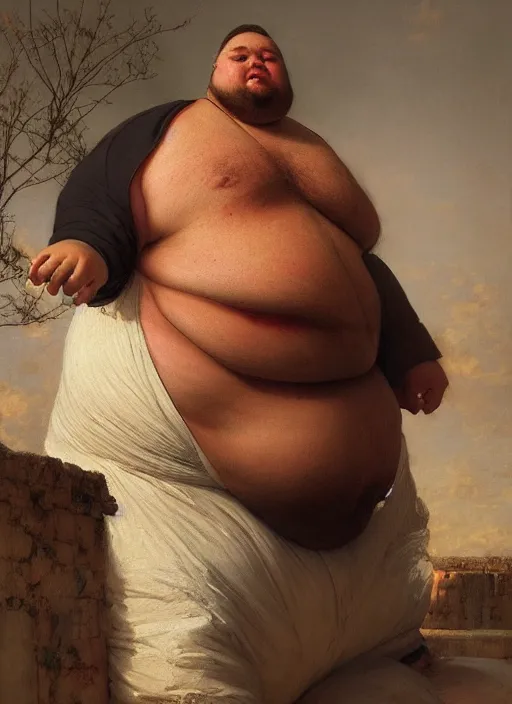 Prompt: A beautiful portrait of 400-pound obese GigaChad, digital art by Eugene de Blaas and Ross Tran, vibrant color scheme, highly detailed, in the style of romanticism, cinematic, artstation, Greg rutkowski