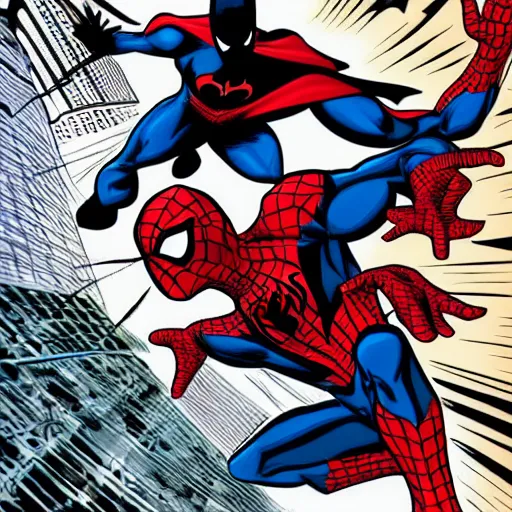 Image similar to Spiderman and Batman fighting.