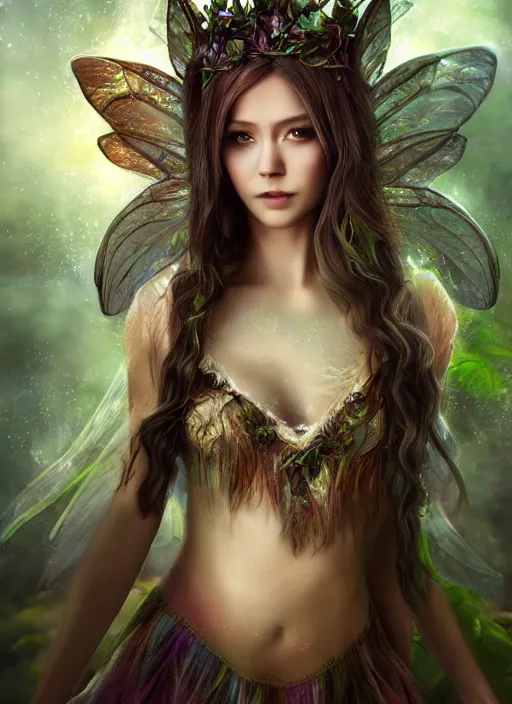 Prompt: beautiful beautiful full body portrait fairy faerie fey fae queen forest spirit highly detailed CGsociety subtle enchanting alluring magical concept art HDR hyper realistic volumetric lighting subsurface scattering unreal