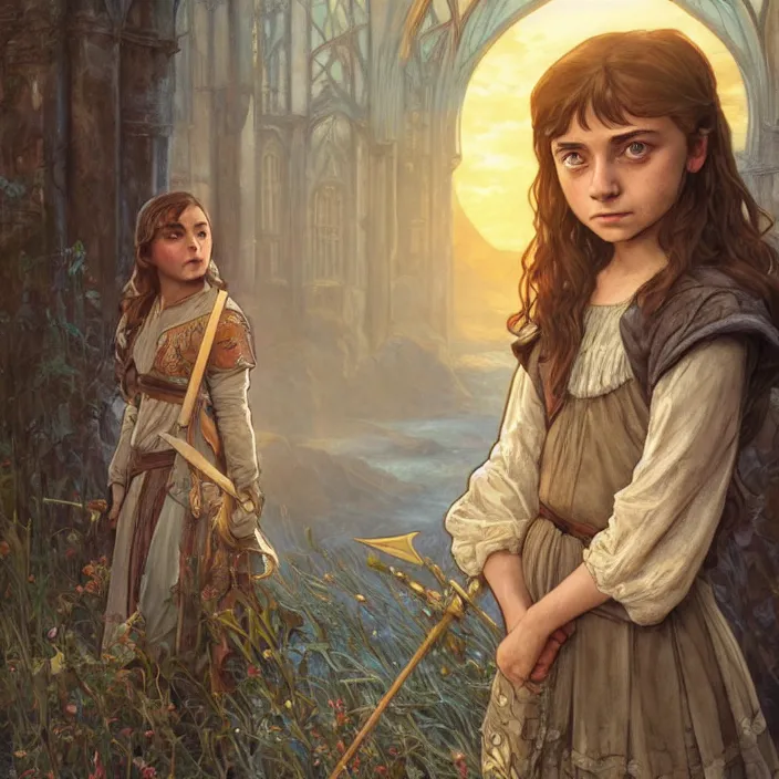 Prompt: young arya stark with hogwarts as background at sunset, highly detailed, gold filigree, romantic storybook fantasy, soft cinematic lighting, award, disney concept art watercolor illustration by mandy jurgens and alphonse mucha and alena aenami, pastel color palette, featured on artstation