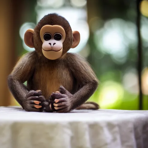Image similar to a very beautiful stuffed monkey on a table. shallow focus. f 0. 9 5
