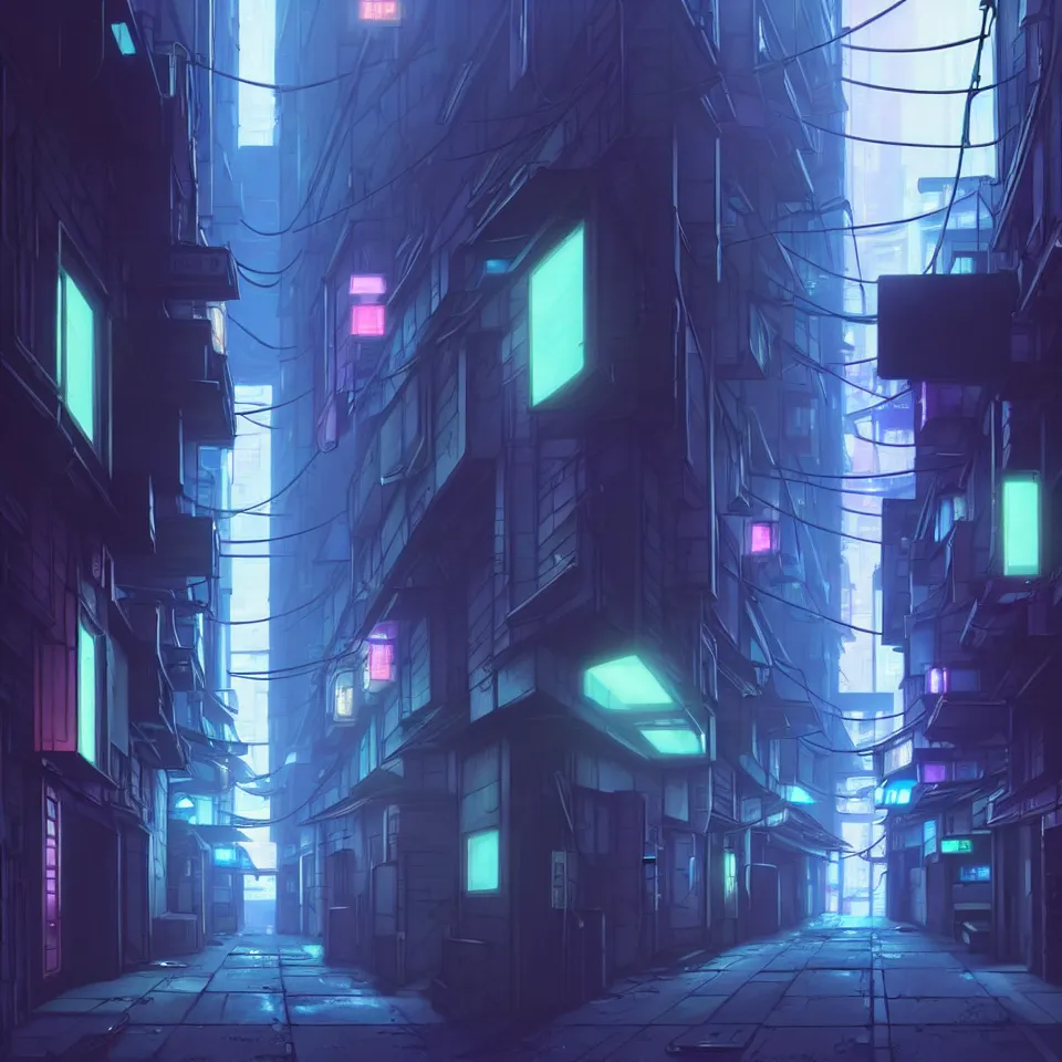 Image similar to city alleyway in the atmospheric cyberpunk anime film, gouache matte background painting, neon noir, at night with lights, by makoto shinkai, in the anime series ergo proxy, beautiful specular edge highlights and rim lighting