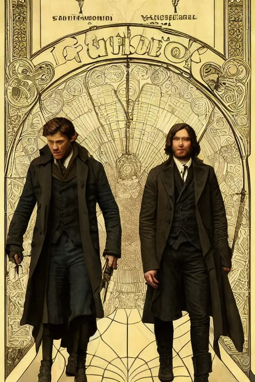 Image similar to a detailed matte portrait of jensen ackles and jared padalecki in a supernatural sherlock holmes story, masterpiece, 8 k, art by alphonse mucha and greg rutkowski