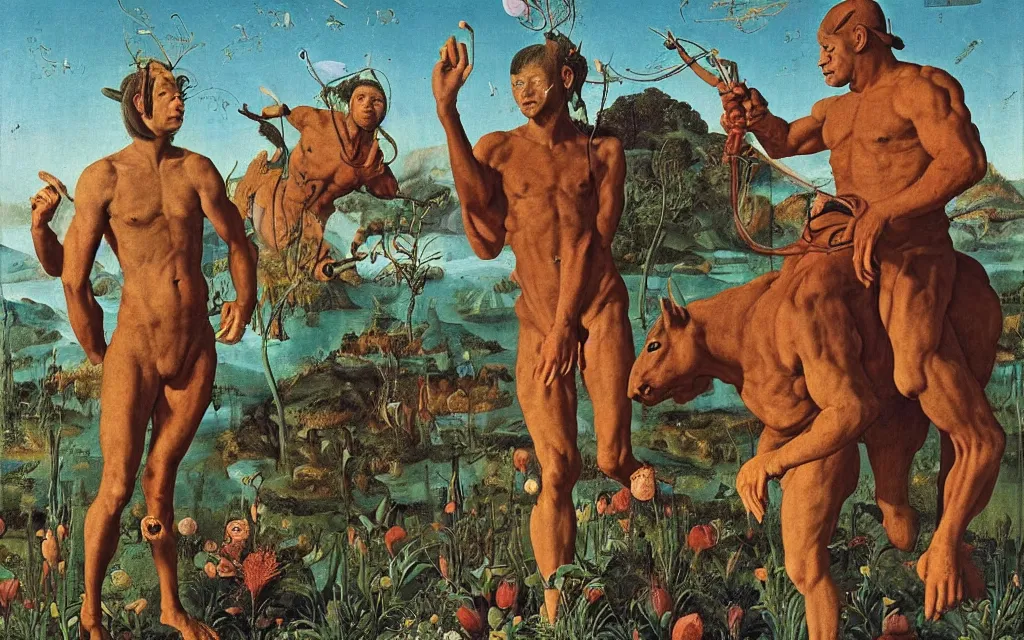 Image similar to a portrait photograph of a meditating satyr and a centaur monk riding a rocket machine and hunting at a river delta. surrounded by bulbous flowers and trees. mountain range under a blue sky of fiery stars. by jan van eyck, max ernst, ernst haeckel, ernst fuchs and artgerm, cgsociety, fashion editorial, 8 k