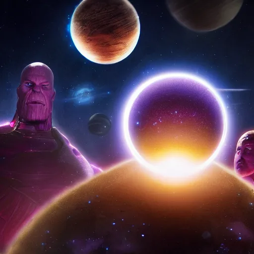 Prompt: thanos juggling planets movie still, cinematic, photorealistic, extreme detail, sharp focus, 8 k, intricate, hyper detailed, realistic, cinematic lighting