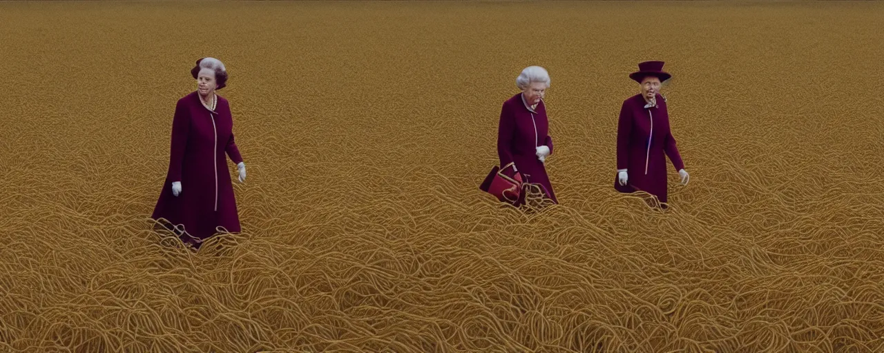 Image similar to queen elizabeth as a young woman walking through a field of spaghetti, canon 2 0 mm, wes anderson, kodachrome