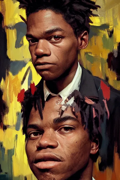 Image similar to ultra realistic illustration, jean basquiat, staring directly into camera, intricate, elegant, highly detailed, digital painting, artstation, concept art, smooth, sharp focus, illustration, art by artgerm and greg rutkowski and alphonse mucha