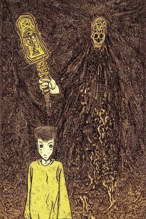 Image similar to portrait of heretic inquisitor holding a golden staff, ghosts in the background, style by masahiro ito