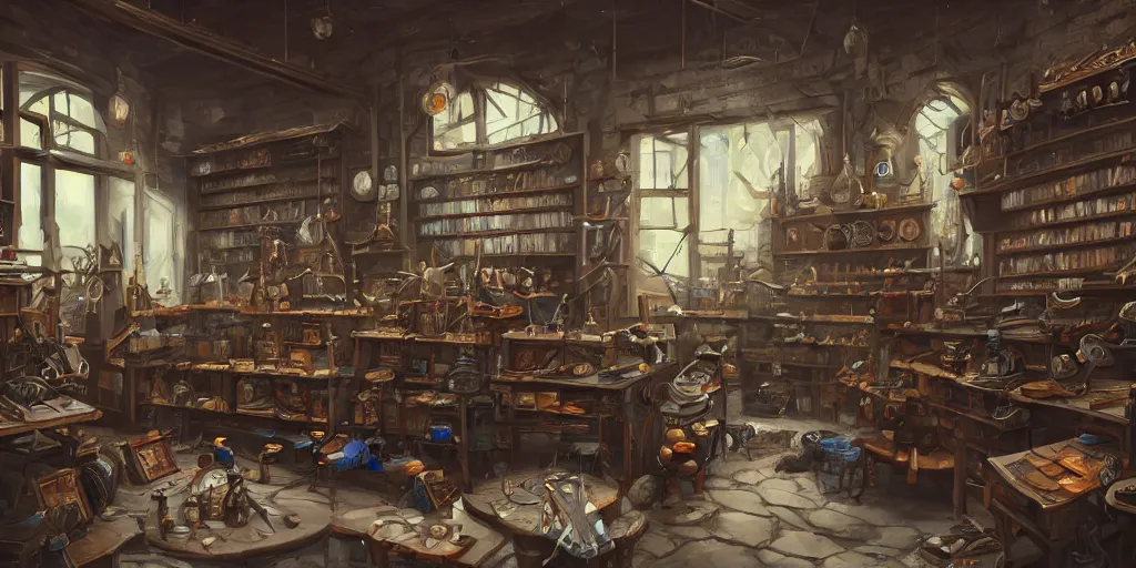 Image similar to Inside an old Weapon Shop, Items on shelves, Swords, Shields, beautiful labels, fantasy vendor interior, wide angle, highly detailed, rich bright colors, trending on artstation