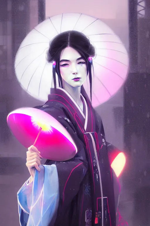 Image similar to portait of a beautiful young cyberpunk geisha half body in a kimono and with an white umbrella in cyberpunk city with neon lights, ambient lights, rainy day, digital painting, art station, by greg rutkowski