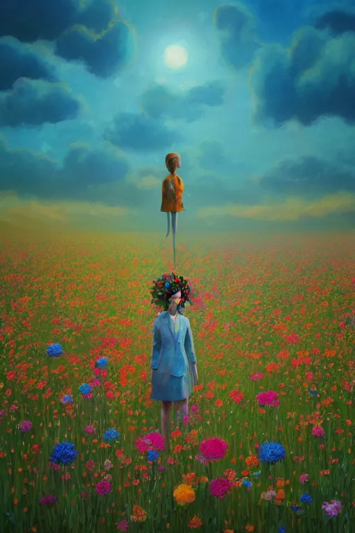 Image similar to closeup, giant flower head, girl in suit standing in a field of flowers, surreal photography, sunrise, blue sky, dramatic light, impressionist painting, digital painting, artstation, simon stalenhag