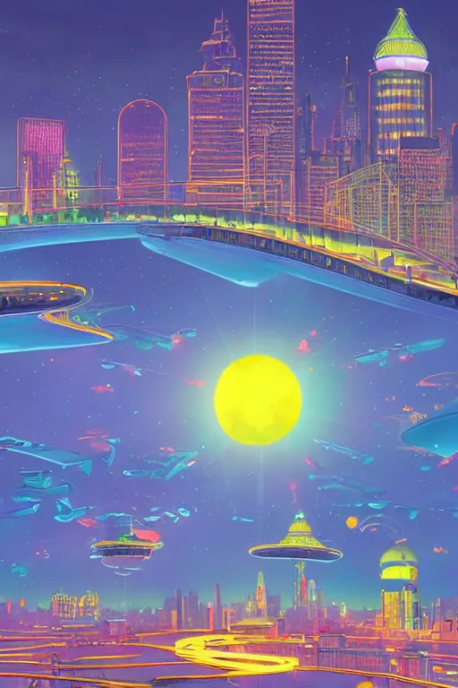 Image similar to A city of the future with thin bridges floating in the air and big unknown flying machines. The top is bright and colourful, with domes and glowing peaks of buildings; the bottom is dark and almost melting in the twilight, with glowing bright signs. Several colossal-sized moons with amazing rings are visible,