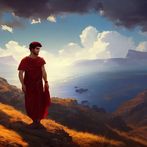 Image similar to young roman man with red hair in a tunic standing on a ridge in greece 4 k, concept art, by wlop, ilya kuvshinov, artgerm, krenz cushart, greg rutkowski, pixiv. cinematic dramatic atmosphere, sharp focus, volumetric lighting, cinematic lighting, studio quality