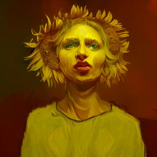 Image similar to closeup, giant sunflower head, woman standing in a room, surreal, dramatic light, impressionist painting, digital painting, artstation, van gogh