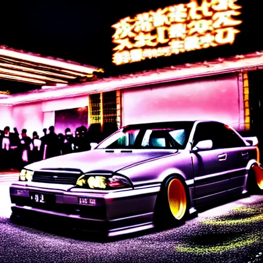 Image similar to a car JZX100 at illegal car meet, Saitama prefecture, long exposure, milkyway, cinematic color, photorealistic, highly detailed