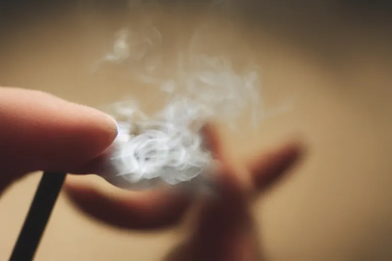 Prompt: Close-up photo of thin soft hand holding cigarette with smoke, hyper realistic