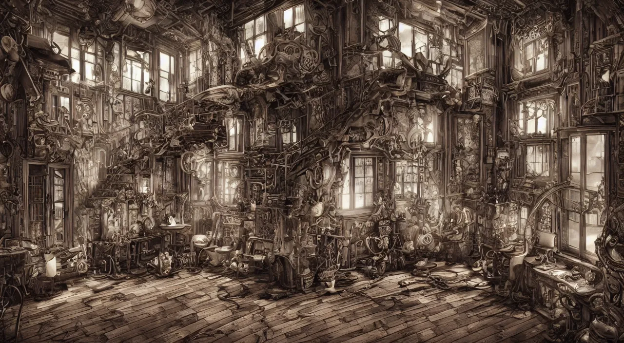 Prompt: dramatic a steampunk house interior by junji ito, hyper detailed, bold smooth lines, octane render, trending on artstation