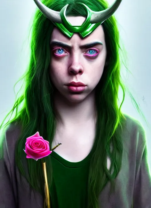 Prompt: Billie Eilish as Female Loki, beautiful facial symmetry, rose pink skin color, hyper realistic, hyper detail, very detailed, digital art, trending on artstation, smooth render, 8k octane render, digital illustration, by Katsuhiro Otomo and Shigeru Miyamoto and Ian Sprigger