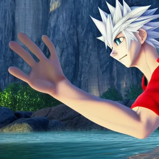 Image similar to a white haired anime character holding out his hand in front of a body of water, a screenshot by michelangelo, deviantart contest winner, vanitas, official art, unreal engine 5, unreal engine. kingdom hearts opening. kingdom hearts cinematic.