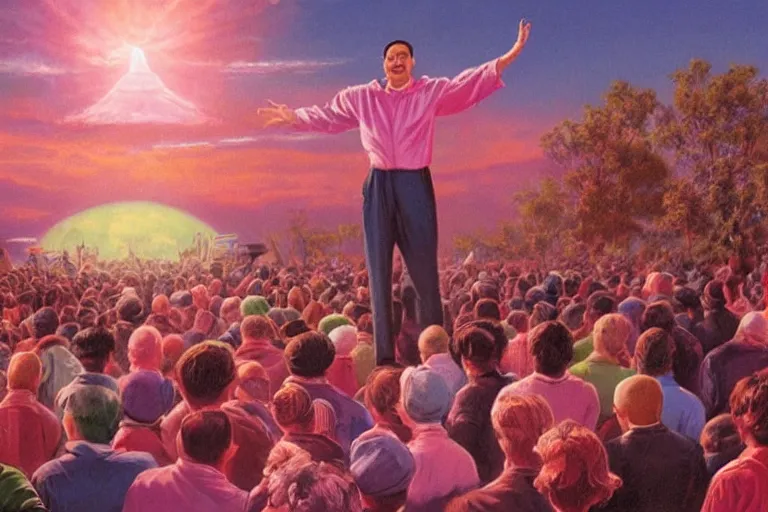 Prompt: a picture of a happy salesman at a alter speaking to a crowd of kneeling worshipers in pink, a ufo in the sky, sunrise, a detailed matte painting by mort kunstler, pixiv, kitsch movement, hellish background, movie poster, official art