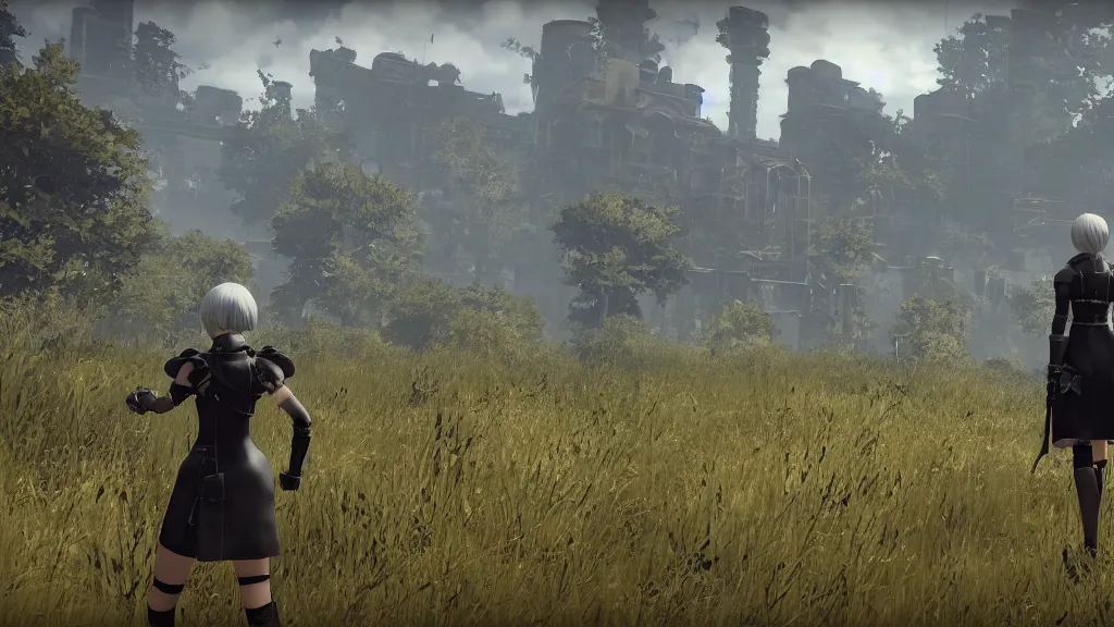 Prompt: Screenshot from Nier Automata in a beautiful countryside field