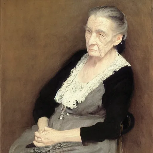 Image similar to Oil painting portrait of an old woman sitting in profile. She wears a black mourning dress. Her lace-cuffed hands clutch a handkerchief. A small painting hangs on the wall, and a grey curtain hangs to the left. By James Whistler, 1871.