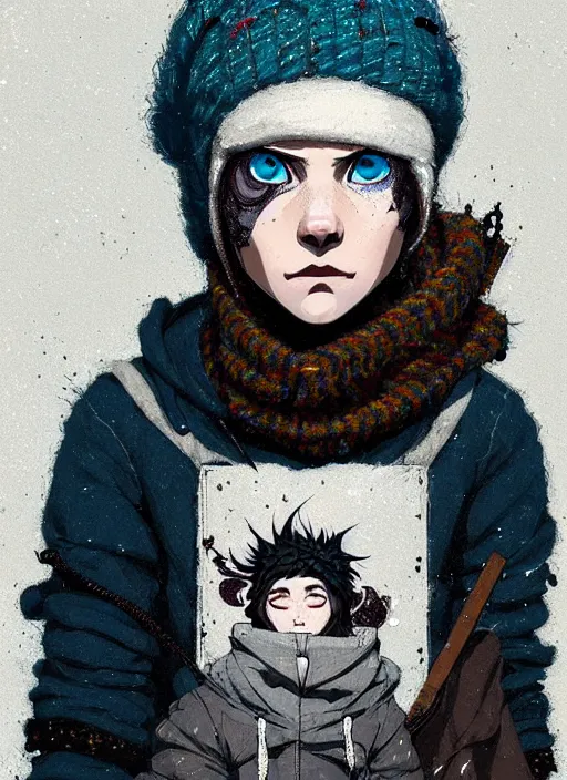 Image similar to highly detailed closeup portrait of a sewer punk lady student, beanie, harris tweed hoodie, blue eyes, frosty white hair by atey ghailan, by greg rutkowski, by greg tocchini, by james gilleard, by joe fenton, by kaethe butcher, gradient, blue, black, brown and cream color scheme, grunge aesthetic!!! white graffiti tag wall background