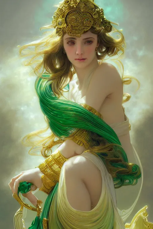 Image similar to portrait of athena , fantasy, gradient white green gold, dreamy and ethereal, green eyes, golden ratio, peaceful expression, ornate frilly dress, fantasy, intricate, elegant, golden clouds, highly detailed, digital painting, artstation, concept art, smooth,b sharp focus, illustration, art by artgerm and greg rutkowski and alphonse mucha