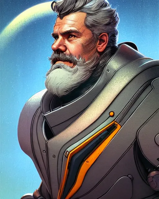 Image similar to reinhardt from overwatch, josh brolin, gray hair and beard, character portrait, portrait, close up, concept art, intricate details, highly detailed, vintage sci - fi poster, vintage sci - fi art, retro future, in the style of chris foss, rodger dean, moebius, michael whelan, and gustave dore