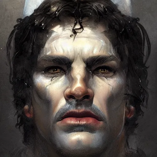 Prompt: ''face portrait of hades from greek mythology half covered by shadows, black shadows, greece, fantasy, dungeons and dragons, d & d, digital painting, artstation, concept art, sharp focus, illustration, art by greg rutkowski and alphonse mucha''