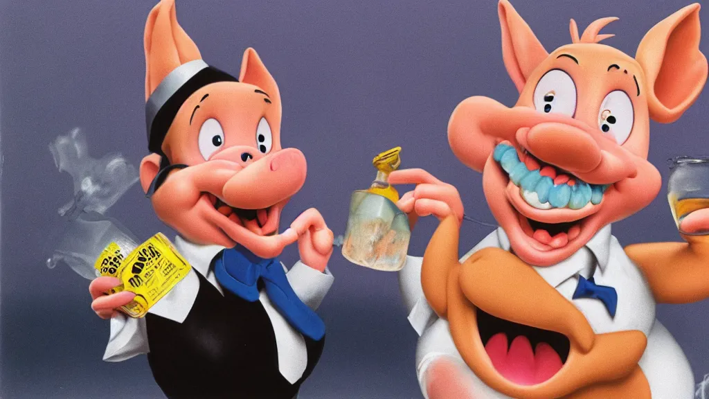 Prompt: found footage of Porky Pig eating glue, hyperrealistic