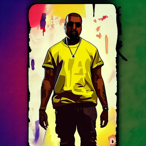 Image similar to illustration gta 5 artwork of kanye west, in the style of gta 5 loading screen, by stephen bliss