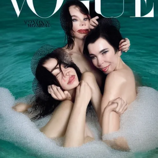 Image similar to stunning vogue magazine photo of dark - haired goddesses vanessa kirby, hailee steinfeld, and bjork smiling, legs intertwined, in a bubble bath, with wet faces!!, wet lips, smooth skin, perfect eyes, insanely detailed, elegant, by wlop, rutkowski, livia prima, mucha, wlop,