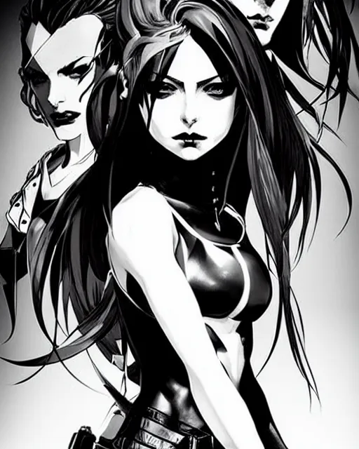 Prompt: style of yoji shinkawa, rafael albuquerque, loish : : gorgeous willa holland : : evil witch : : symmetrical face, symmetrical eyes : : gorgeous black hair : : magic lighting, low spacial lighting : :