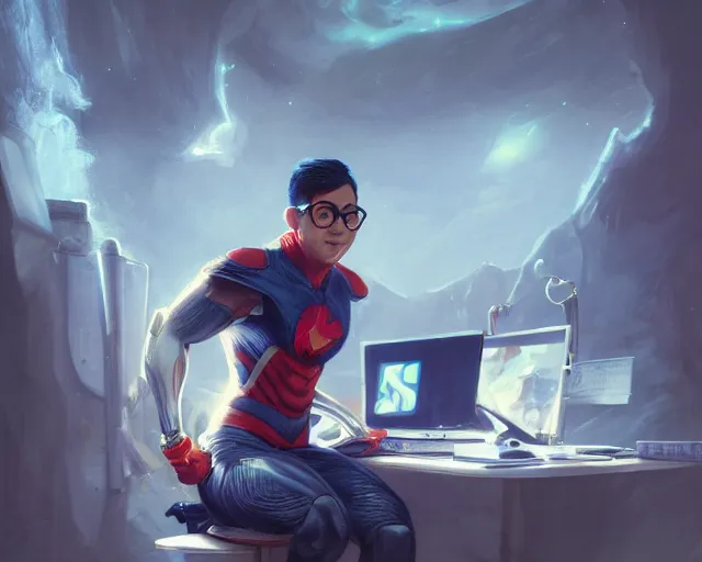 Image similar to an insanely detailed painting of a nerdy asian man wearing a superhero costume, sitting at a desk, staring at the nervously at the computer and typing, in the style of peter mohrbacher, dramatic lighting and composition, octane render, pixar, trending on artstation, concept art, comic book, view from behind