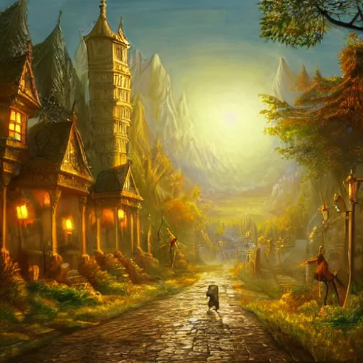 Prompt: a fantasy landscape with strange creatures walking the forest and fun buildings and streets, intricate street lamps and morning sunshine, realistic, painting, great lighting, golden hour, golden rule