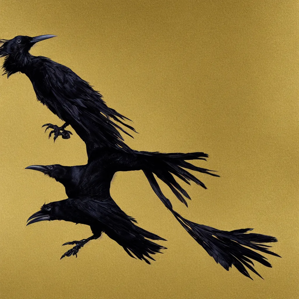 Prompt: Raven with feathers made of gold leaf, white background, octane render, dramatic action shot