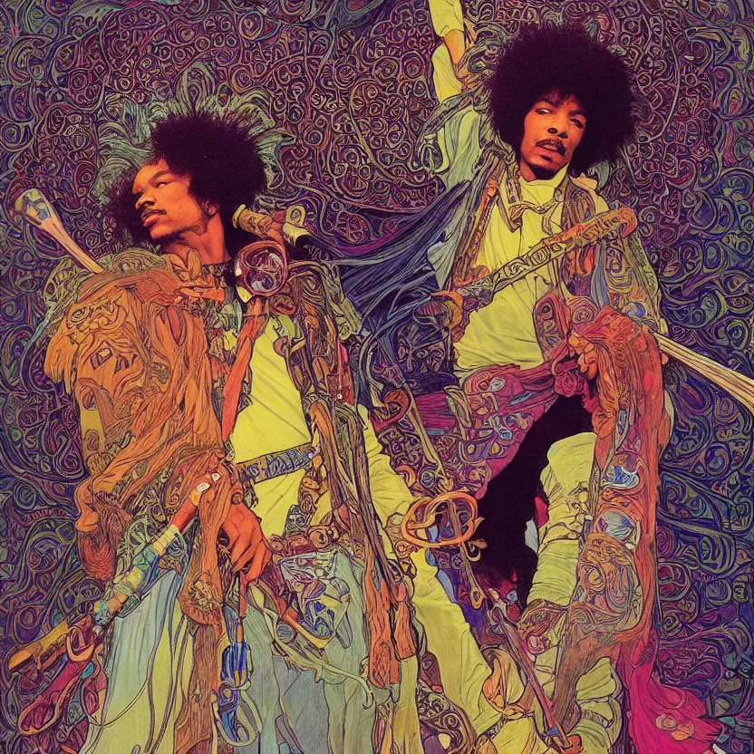 Prompt: colorfull artwork by Franklin Booth and Alphonse Mucha showing a portrait of Jimi Hendrix as a futuristic space shaman, Jimi Hendrix as a futuristic space shaman by Moebius