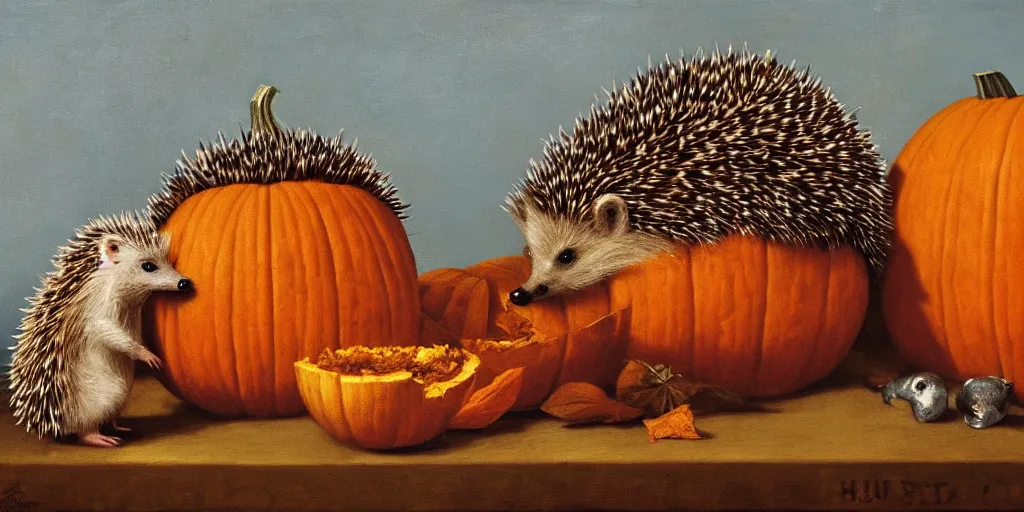 Prompt: a hedgehog and a pumpkin, renaissance oil painting, 8 k resolution
