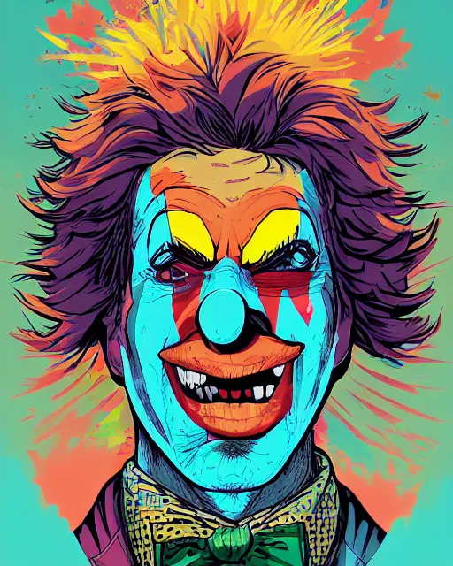 Image similar to a portrait of a clown, video game vector cutout illustration vivid multicolor borderlands comics by josan gonzales and dan mumford radiating a glowing aura