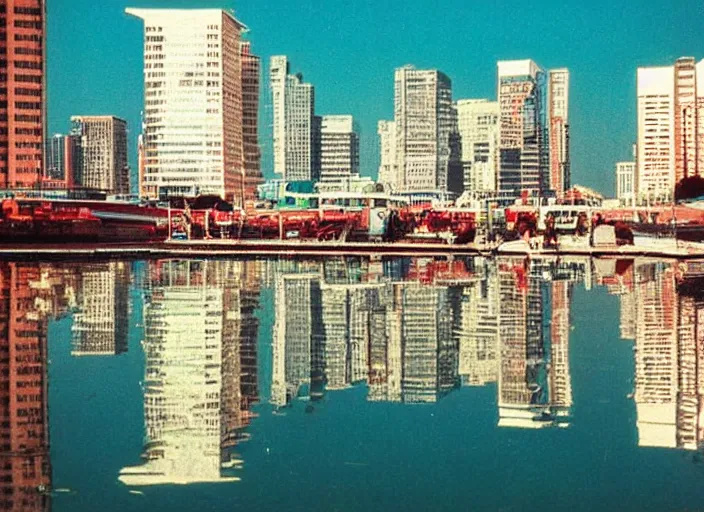 Image similar to retro color photo of a city skyline in the 8 0's. reflections in the water. boats in the water