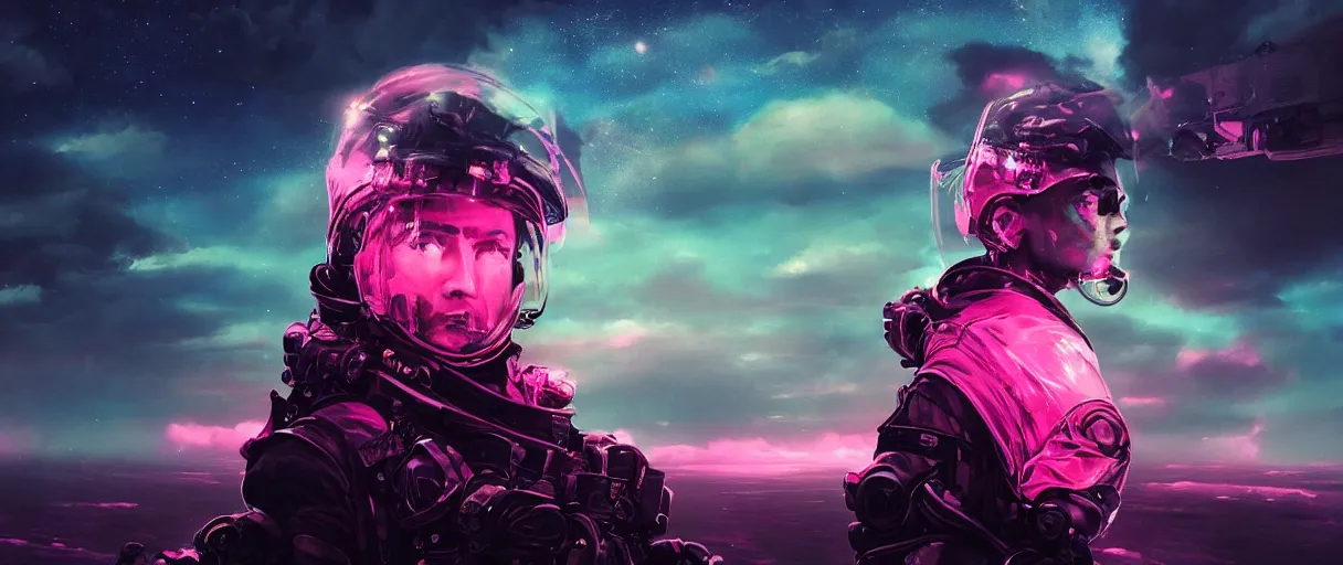 Prompt: beautiful clear faces, portrait big dark punk, pink, mohawk, arcteryx, space, hyperdetailed illustration, stars, neon, oil painting, rich deep colors masterpiece, ultra detailed, contrast, heaven pink, clouds, volumetric light, atmospheric lighting, pirate neon ship, dramatic, cinematic, moody, octane render 4 k, 8 k